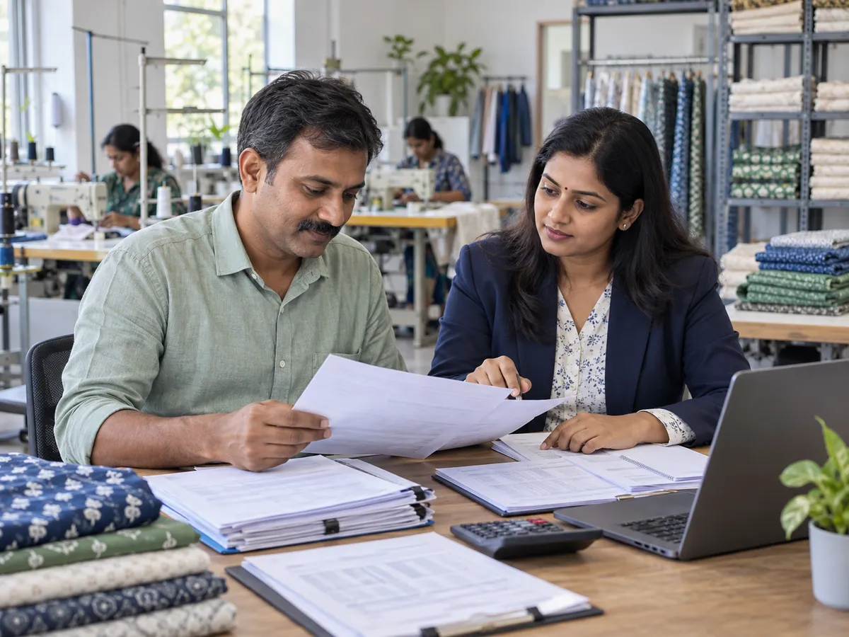 Indian business owner reviewing financial documents at a textile workshop
