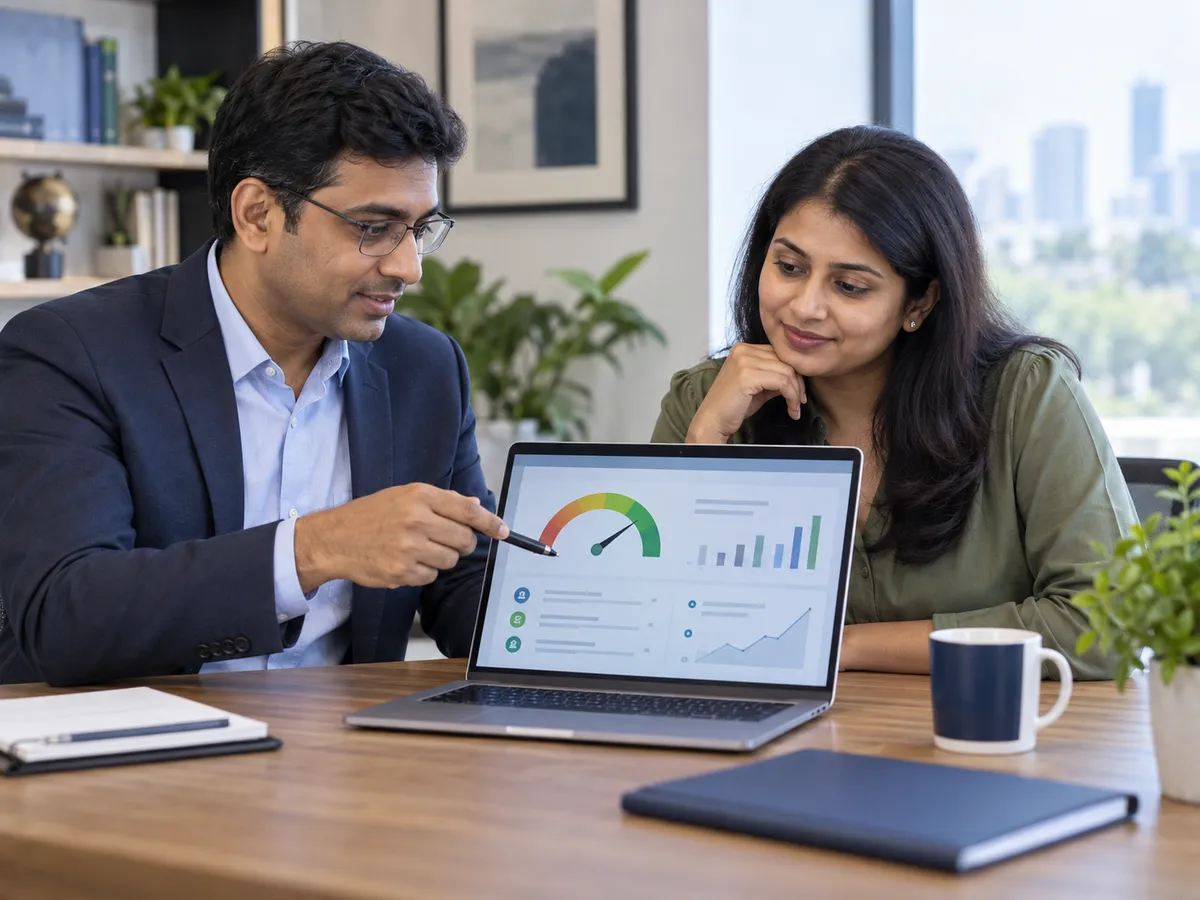 Indian professional reviewing a credit profile with a financial advisor