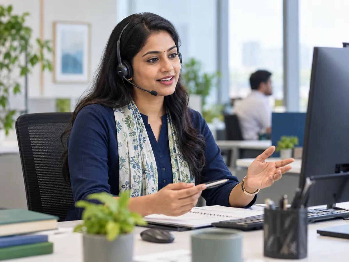 Indian customer support advisor assisting clients from an office workstation