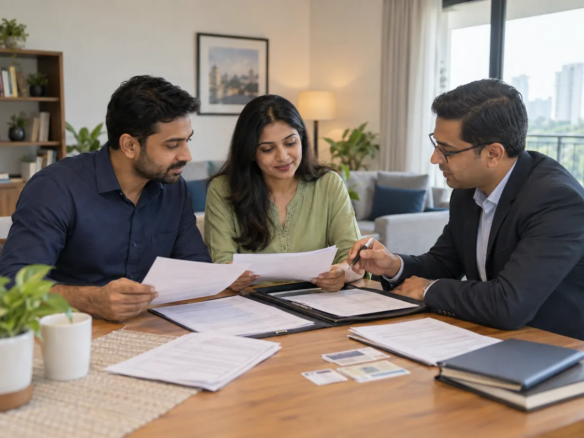 Indian couple organizing home loan documents with a financial advisor