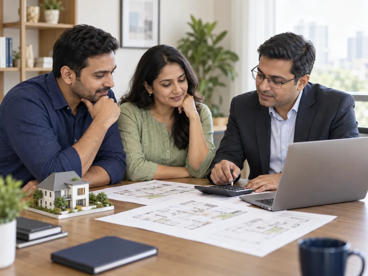 Indian couple reviewing home loan affordability with a financial advisor