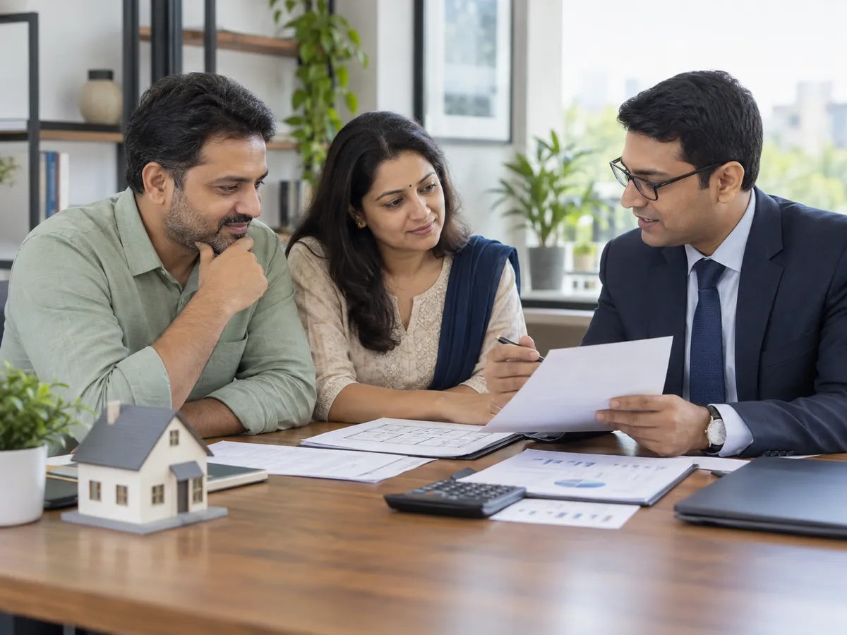 Indian couple reviewing property loan eligibility with a financial advisor