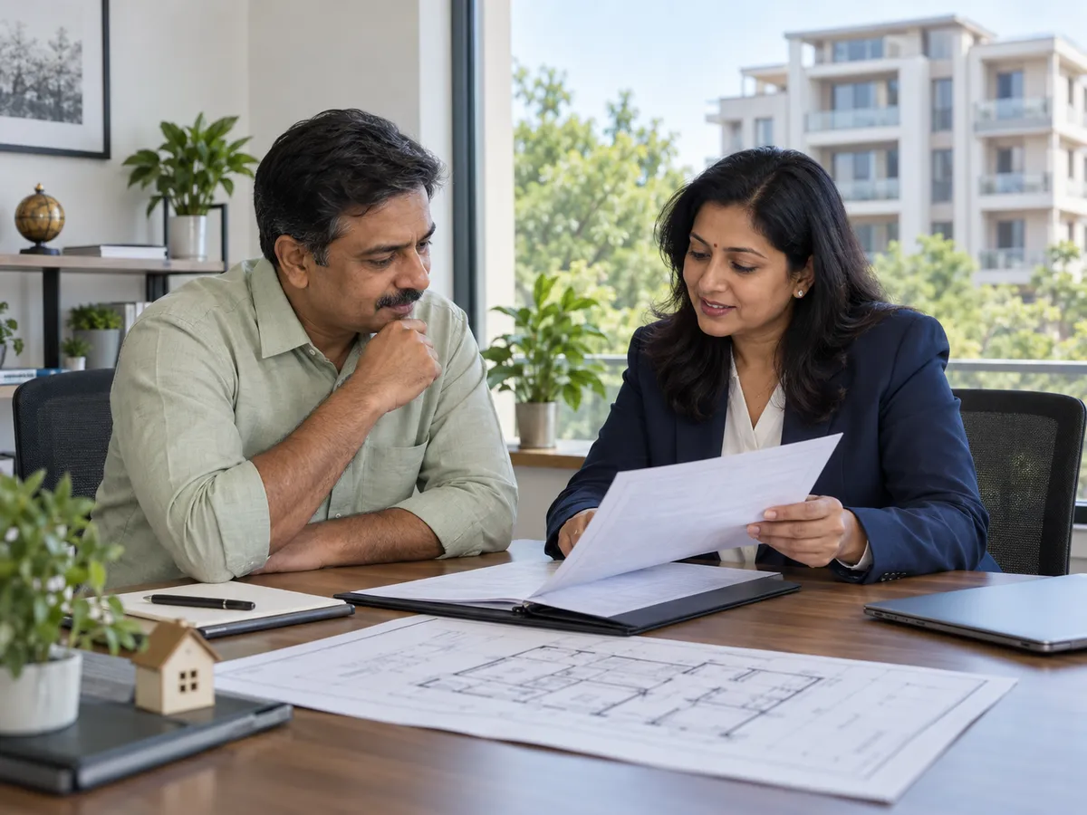 Indian property owner reviewing property documents with a financial advisor