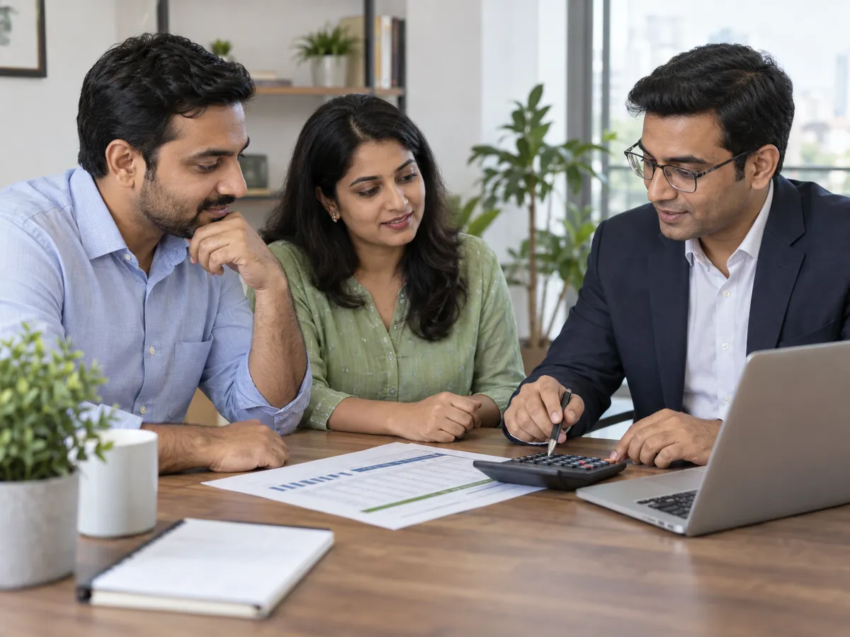 Indian couple and financial advisor calculating a loan repayment