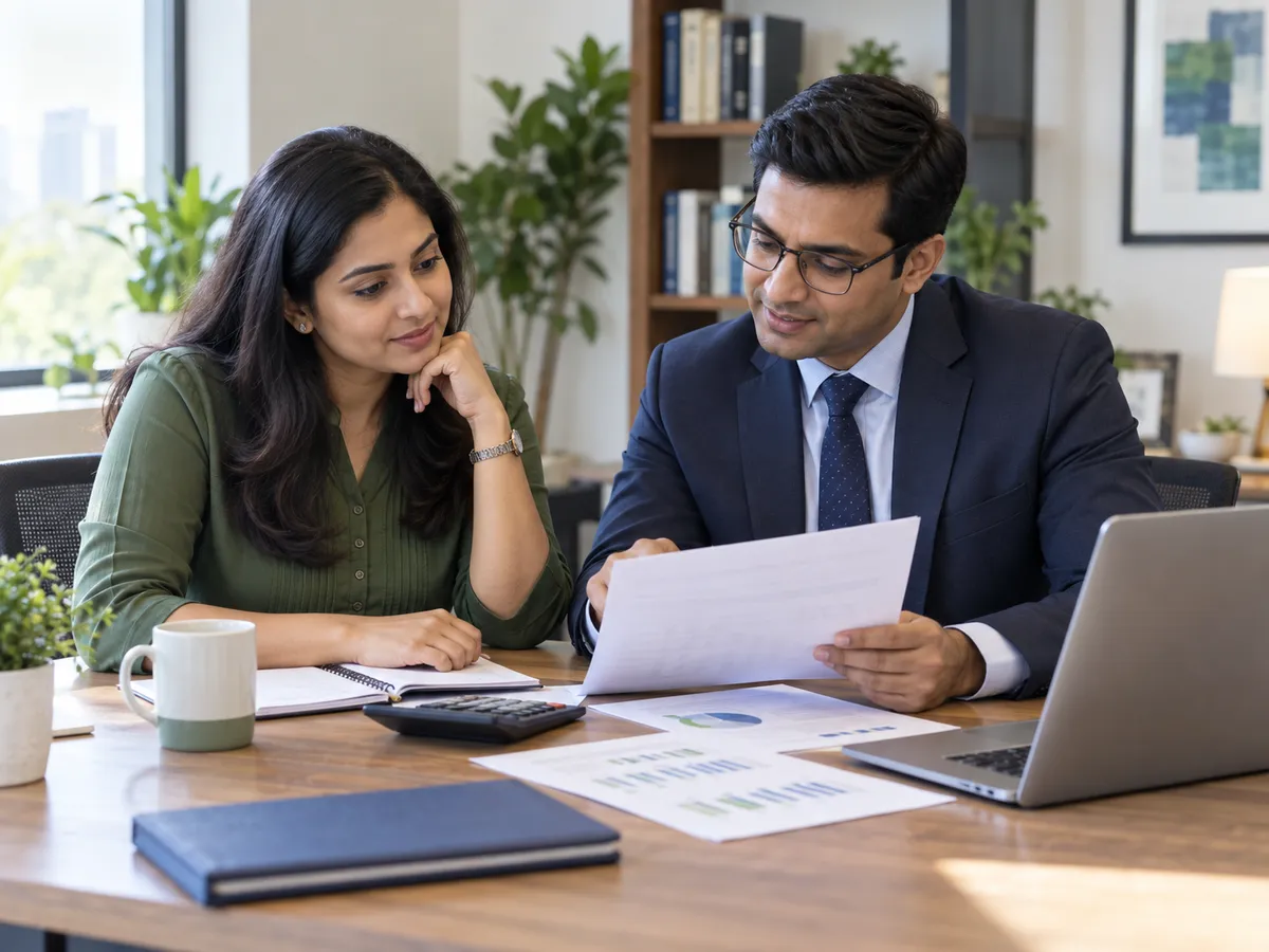 Indian professional reviewing personal loan eligibility details with an advisor