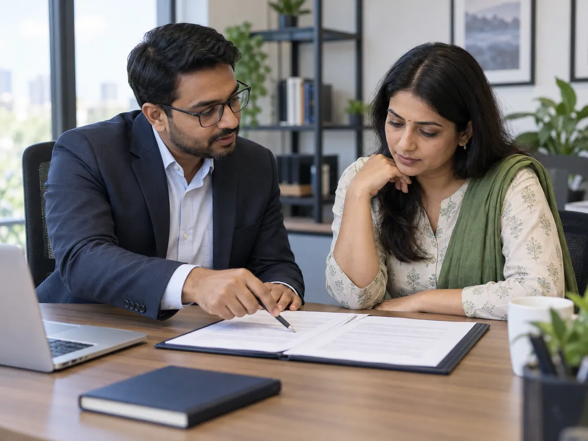 Indian borrower carefully reviewing loan terms with a financial advisor
